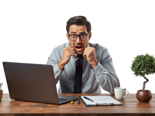 Overwhelmed professional staring at laptop with shocked expression on isolated transparent area