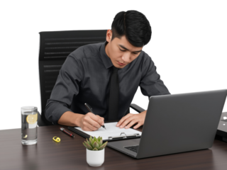 Focused professional at work, making notes in the office with isolated transparent background