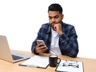 Focused young professional working at desk with laptop and smartphone in hand isolated transparent