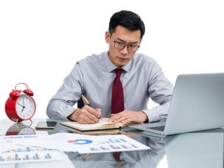 Focused professional analyzing data and making notes in an isolated setting with transparent