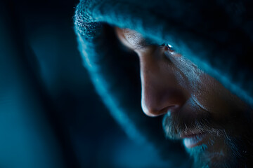 A mysterious hooded hacker working on a computer in dark room, illuminated byblue screen light. A concet for cybersecurity, hackig, cybercrime, and data prvacy threats.