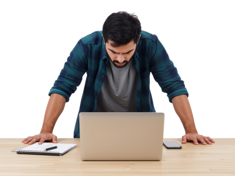 Focused professional man intently using laptop, isolated with transparent layer for compositing