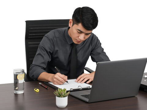 Focused professional at work, making notes in the office with isolated transparent background