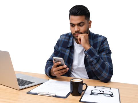 Focused young professional working at desk with laptop and smartphone in hand isolated transparent