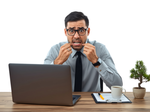 Distressed office worker with anxious expression and transparent isolated ambience