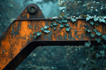 Rusty orange metal beam overgrown with vibrant green ivy, nature reclaiming industrial relic.
