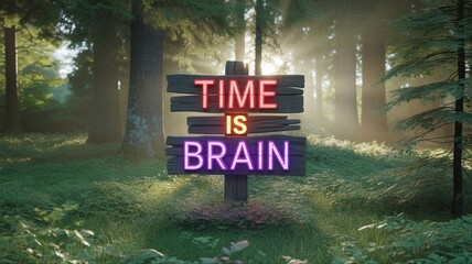 Inspiring neon sign in forest says 'Time is Brain' promoting productivity and smart thinking