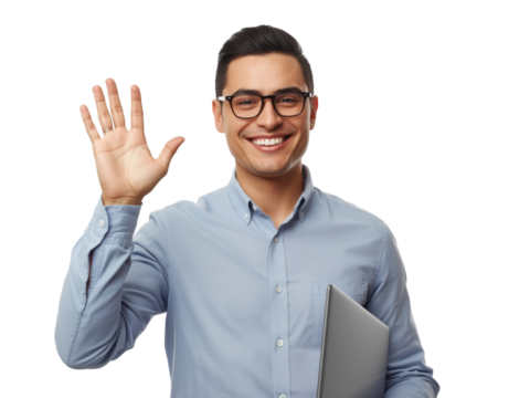 Enthusiastic entrepreneur waves hello while holding a laptop, showcasing cheerful engagement and