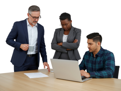 Dynamic multinational team collaborates using a laptop with isolated transparent background,