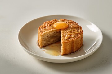 Traditional durian moon cake with egg yolk presented on a dish, enjoyed during the Mid Autumn Festival
