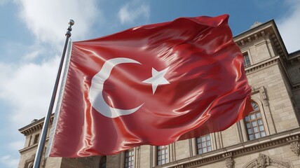Majestic Turkish flag waves proudly against a historic building and sky, symbolizing national pride.