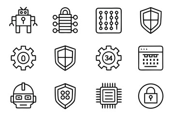 Technology and Security Icons with Robots Gears and Data Chips lock