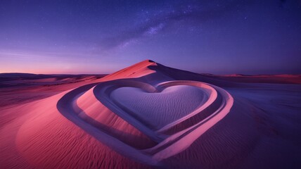 Stunning desert landscape at twilight reveals a heart-shaped dune under a starry night sky