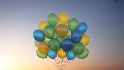 Vibrant balloons ascend into a soft, gradient sky creating a joyful, celebratory atmosphere for any event