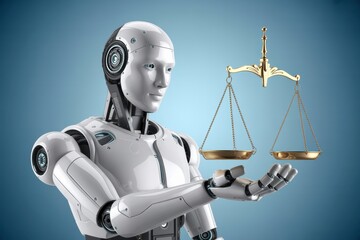 Naklejka premium Advanced AI robot thoughtfully balances justice scales symbolizing fairness and ethical technology innovation
