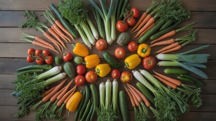 Vibrant assortment of fresh, raw vegetables artfully arranged on a rustic wooden surface for healthy eating inspiration.