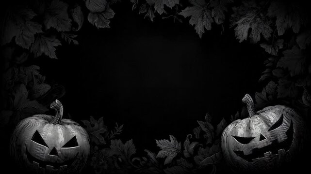 Horizontal frame of leaves and pumpkin with cut out faces on dark background with empty space. Black and white colors. Retro aesthetics, engraving style, vintage screensaver, Halloween template. Loopi