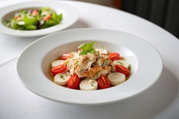Salad with chicken, mozzarella cheese, and cherry tomatoes
