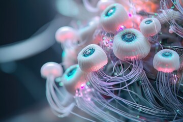 Bio-luminescent, eye-like mushrooms connected by glowing fibers, futuristic and surreal.