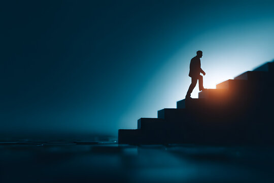 Businessman silhouette steping up wooden blocks withassistance on dark blue bakground, symbolizing caree growth and success concep.