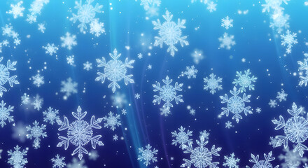 Enchanting winter background with a cascade of shimmering white snowflakes falling through celestial light rays on a serene blue gradient