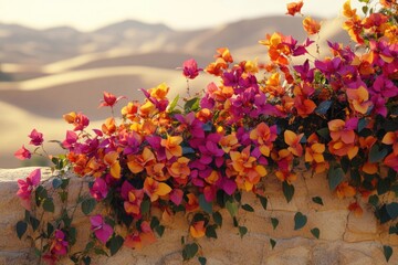 Vibrant bougainvillea blossoms in shades of pink and orange cascade over a stone wall against a blurred desert backdrop.