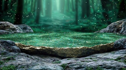  Mossy forest scene featuring rocks and lush moss growth on the ground