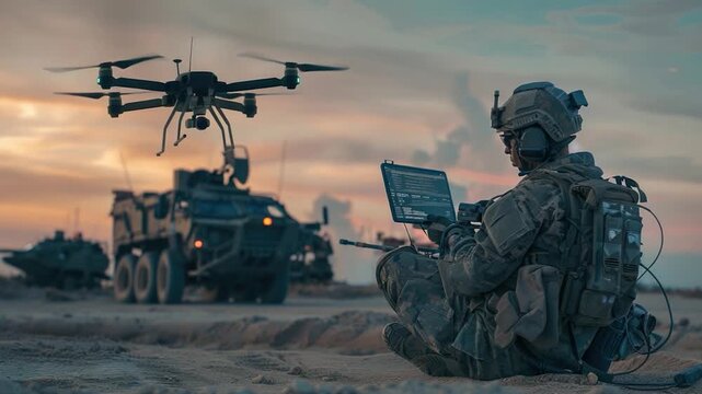 A soldier sits in the sand using a laptop, possibly on a break or conducting official business