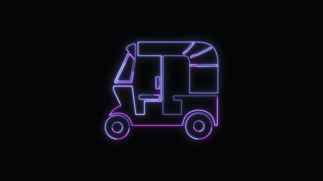 Auto Rickshaw Icon Neon Seamless Loop 4K with Black Background Animated Promotional Typography for Video Editing