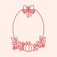 Fall oval frame decorated pumpkin, maple leaves, flowers and bowknot of ribbon. Autumn holiday background. Vintage template for greeting card, invitation, social media. Coquette aesthetic