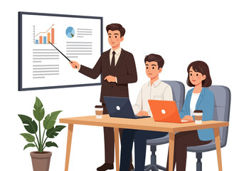 Vector art of business presentation with a team analyzing charts on a whiteboard and laptops at a table
