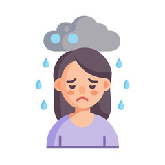 Vector art of sad woman with rain cloud is feeling unwell