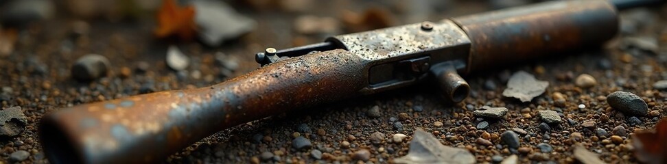Fototapeta premium Close-up view of a rusty, discarded firearm, symbolizing the ever-present danger of neglected weapons and potential threats , menace, forbidden