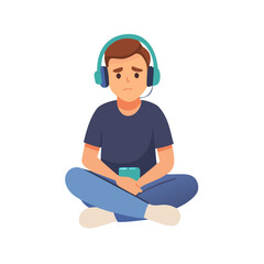 Vector art of sad boy listening to music with headphones