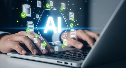 Close up of a person s hands typing on a laptop with a glowing ai interface and data icons floating above representing artificial intelligence and digital information flow