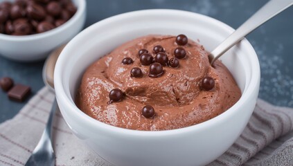 Creamy chocolate mousse topped with crunchy chocolate beads