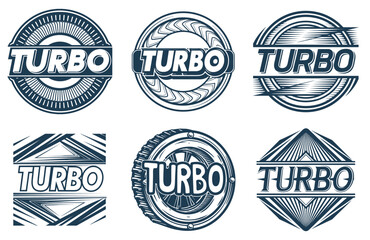 Obraz premium Turbo lettering emblems with circular and geometric shapes and motion lines suitable for automotive branding motorsport graphics speed related posters car tuning visuals and high industry projects