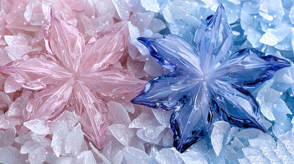  Two blue and pink glass flowers resting atop a mound of white and pink glass flowers, atop a pile of white, pink, and blue glass pebbles