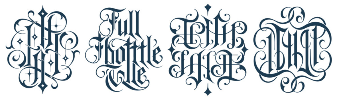 Gothic lettering designs with four bold typographic emblems suitable for tattoos badges hot rod branding greaser culture motorcycle merchandise posters and vintage automotive graphic design projects