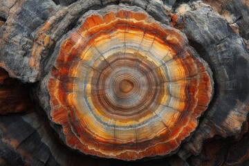 A stunning cross-section of petrified wood showcasing vibrant concentric rings and rich color variations.