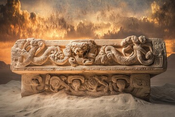 Ancient stone carving with intricate designs of mythical creatures and swirling patterns, possibly Mayan or Aztec in origin, set against a dramatic sunset backdrop.