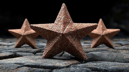   Three brown stars on cobblestone floor, black background