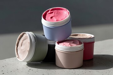 Containers of colorful cosmetic creams arranged on a concrete surface with muted lighting highlighting their textures and shades