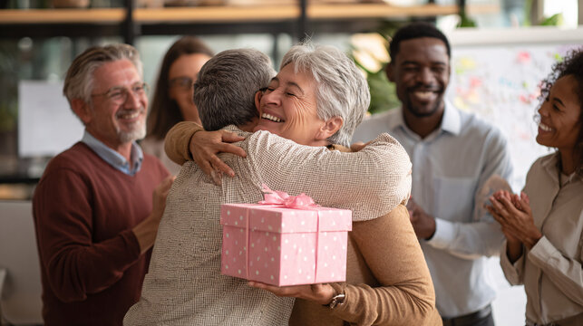 A retiring employee receiving heartfelt farewell gifts with colleagues, emotional farewell moment.