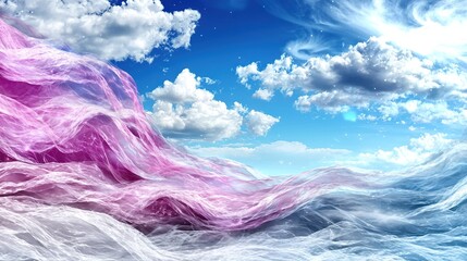  A digital painting of a pink wave on a blue sky with white clouds and a blue sky with white clouds