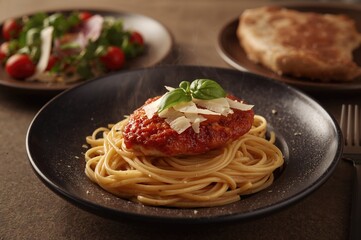 Breaded Chicken with Tomato Sauce on Fettucine Pasta, accompanied by a Fresh Salad