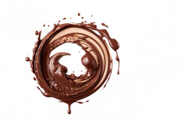Spiral-shaped chocolate with melting droplets on a white backdrop