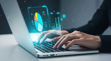 Close up of a person s hands typing on a laptop with a glowing digital data visualization overlay showing charts and graphs representing technology and analytics