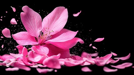   A close-up of a pink flower on a black background with petals scattered around it