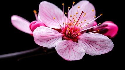   A close-up of a pink flower with yellow stamens